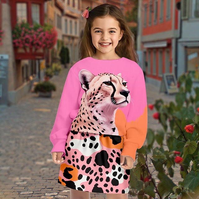 Girls' 3D Graphic Animal Leopard Skirt Set Clothing Set Long Sleeve 3D Print Fall Winter Active