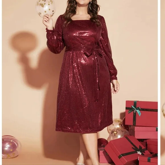 Women's Plus Size Party Dress Sequin Dress Cocktail Dress Midi Dress Wine Long Sleeve