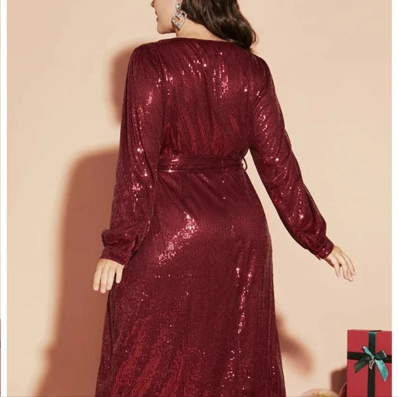 Women's Plus Size Party Dress Sequin Dress Cocktail Dress Midi Dress Wine Long Sleeve