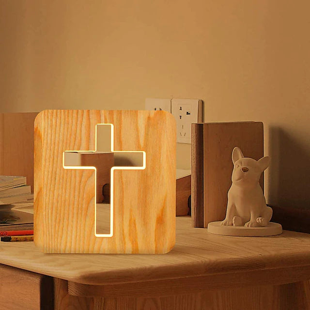 Jesus Cross 3D LED Optical Night Light Cross Shaped Wood Bedside Lamp