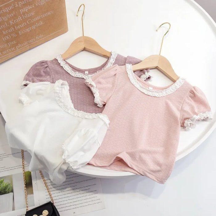 Kids Girls' T shirt Solid Color Casual Short Sleeve Active 3-7 Years Spring White Pink Purple