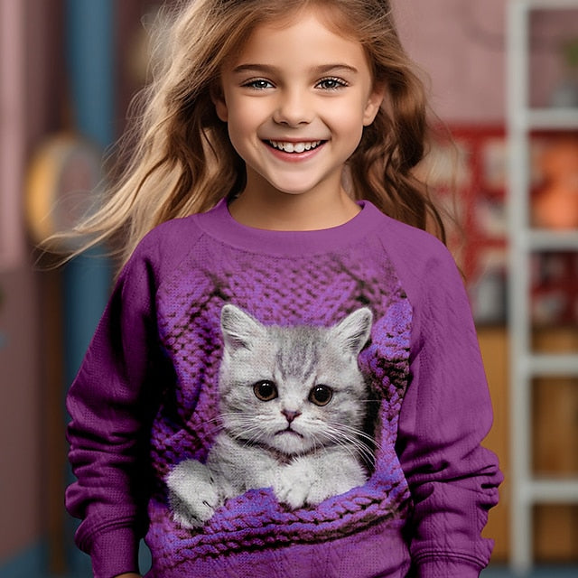 Girls' 3D Cat sweater pullover Long Sleeve 3D Print Fall Winter Active Fashion Cute Polyester Kids 3-12 Years