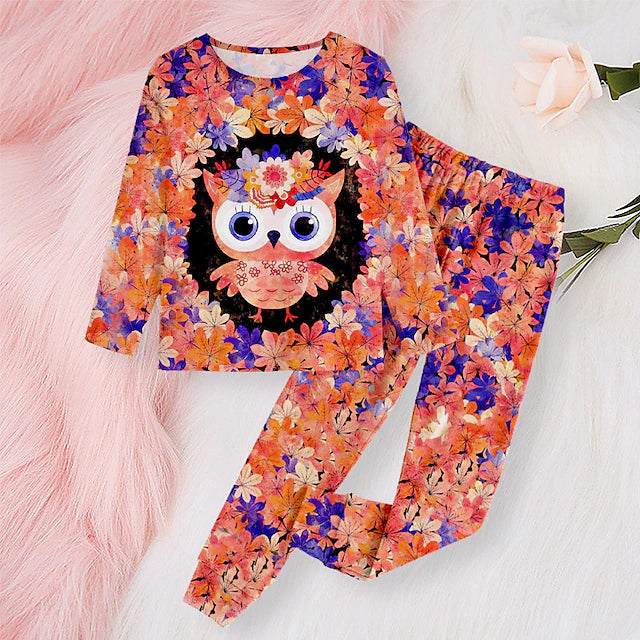 Girls' 3D Floral Pajama Set Owl Long Sleeve 3D Print Fall Winter Active Fashion