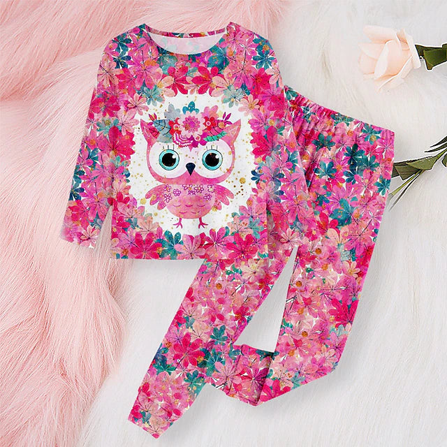 Girls' 3D Floral Pajama Set Owl Long Sleeve 3D Print Fall Winter Active Fashion