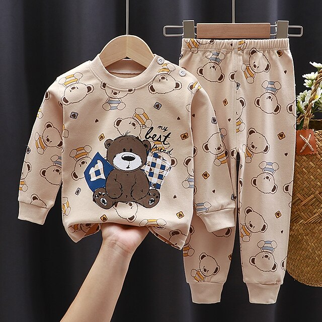 Toddler Boys 2 Pieces T-shirt & Pants Pajama Set Long Sleeve C20 C25 C26 Animal Cartoon Button Spring Fall Fashion Home 3-7 Years