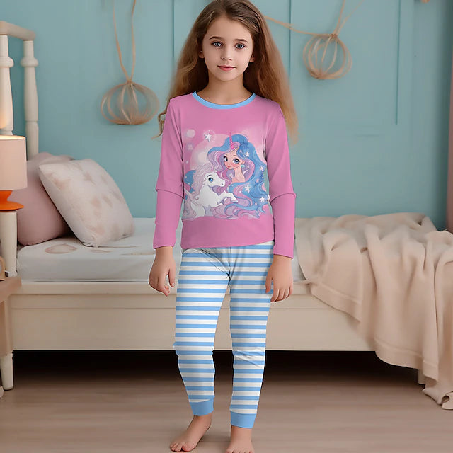 Girls' 3D Rainbow Unicorn Pajama Set Long Sleeve 3D Print Fall Winter