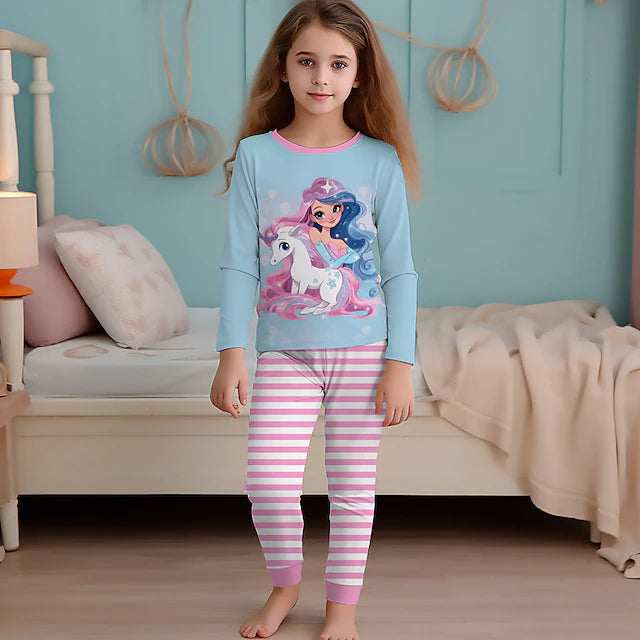 Girls' 3D Rainbow Unicorn Pajama Set Long Sleeve 3D Print Fall Winter