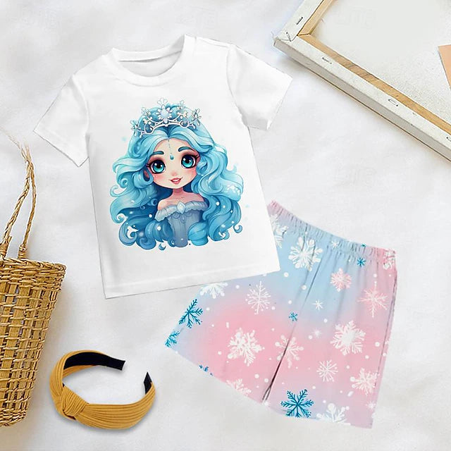 Girls' 3D Princess Tee & Shorts Pajama Set Short Sleeve 3D Print Summer Active