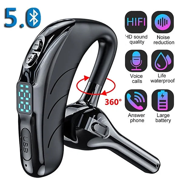 Hands Free Telephone Driving Headset Ear Hook Bluetooth 5.2 Waterproof Sports Built-in Mic
