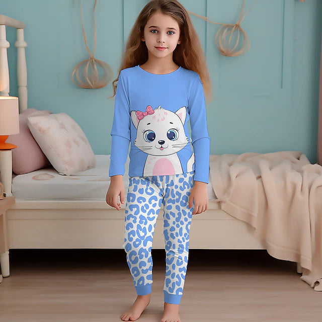 Girls' 3D Cat Pajama Set Pink Long Sleeve 3D Print Fall Winter Active