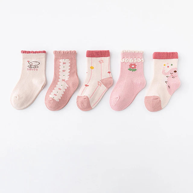 Baby Unisex 5 Pairs Socks Pink Blue Brown Animal Floral Spring Fall Cute Home 1-5 Years