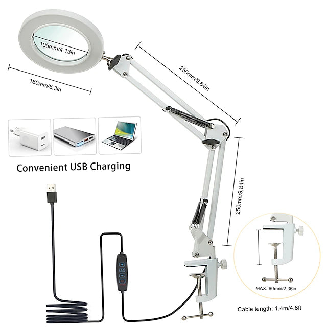 Flexible Clamp-on Table Lamp with 8x Magnifier Glass Swing Arm Dimmable