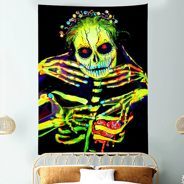 Halloween Decorations Blacklight UV Reactive Wall Tapestry Skeleton