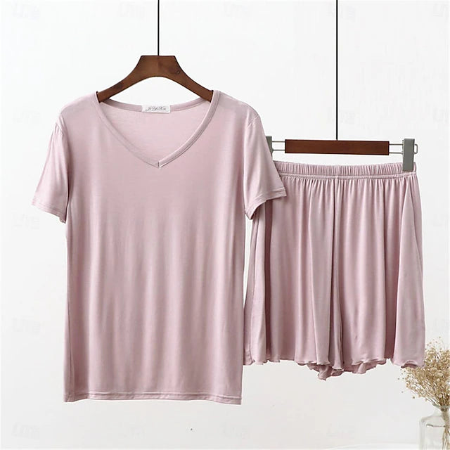 Women's Pajamas Sets Pure Color Fashion Comfort Home Daily Bed Modal Breathable V Wire Short Sleeve