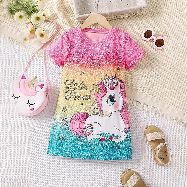 Girls' 3D Unicorn Color Pajamas Nightdress Pink Short Sleeve 3D Print Summer Active Fashion Cute Polyester