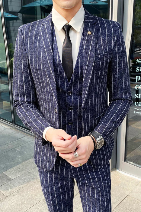 Black Ivory Blue Men's Wedding Suits 3 Piece Pinstripe Suit Slim Fit Single Breasted One-button 2023