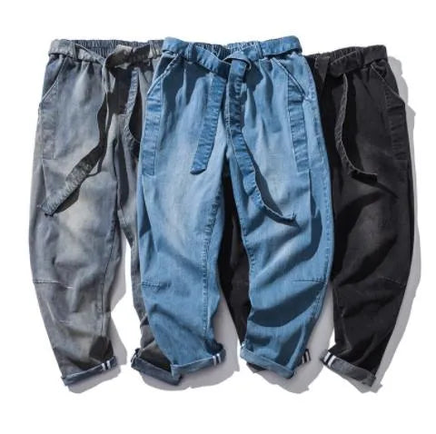 Men's Jeans Trousers Denim Pants Pocket Drawstring Elastic Waist Plain Comfort