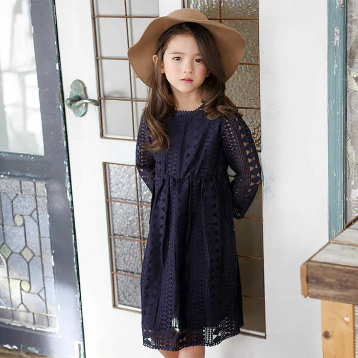 Kids Little Girls' Dress Solid Colored Shift Dress Lace White Navy Blue Midi Long Sleeve