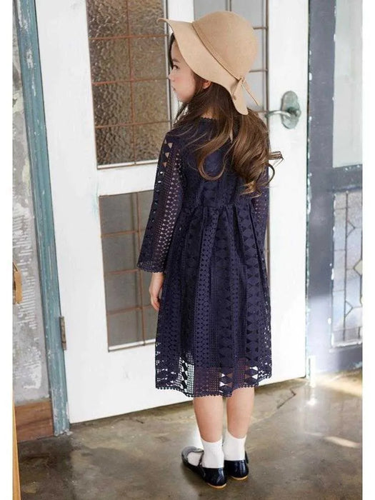 Kids Little Girls' Dress Solid Colored Shift Dress Lace White Navy Blue Midi Long Sleeve