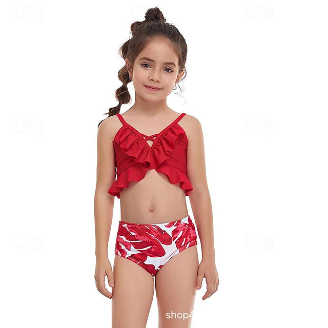 Kids Girls' Swimwear Outdoor Print Bathing Suits 2-12 Years Summer Red Green
