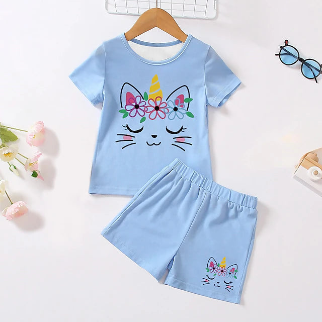 Girls' 3D Unicorn Tee & Shorts Pajama Set Pink Short Sleeve 3D Print Summer Active Fashion Cute Polyester