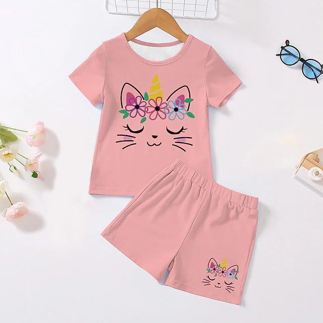 Girls' 3D Unicorn Tee & Shorts Pajama Set Pink Short Sleeve 3D Print Summer Active Fashion Cute Polyester