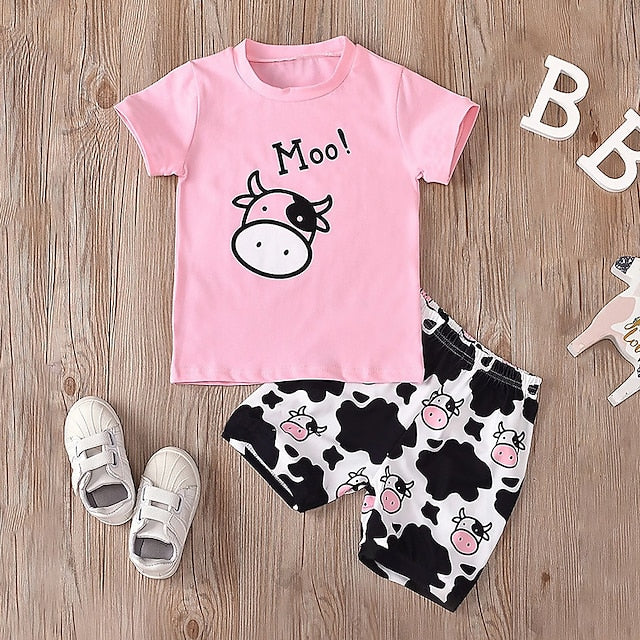 Girls' 3D Cows Tee & Shorts Pajama Set Pink Short Sleeve 3D Print Summer Active Fashion Cute Polyester