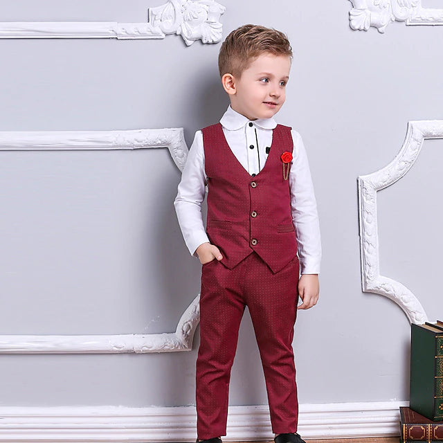 3 Pieces Kids Boys Shirt & Pants Formal Set Outfit Solid Color Long Sleeve Set Formal Fashion Cool Spring Fall 3-7 Years claret Black Red