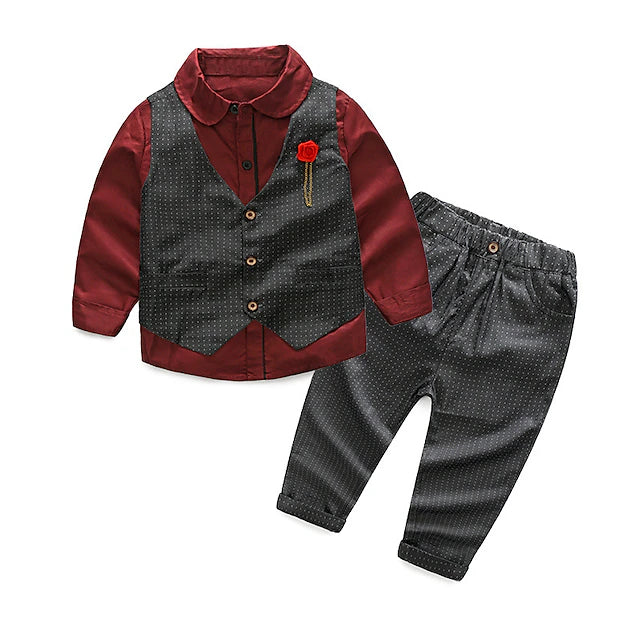 3 Pieces Kids Boys Shirt & Pants Formal Set Outfit Solid Color Long Sleeve Set Formal Fashion Cool Spring Fall 3-7 Years claret Black Red