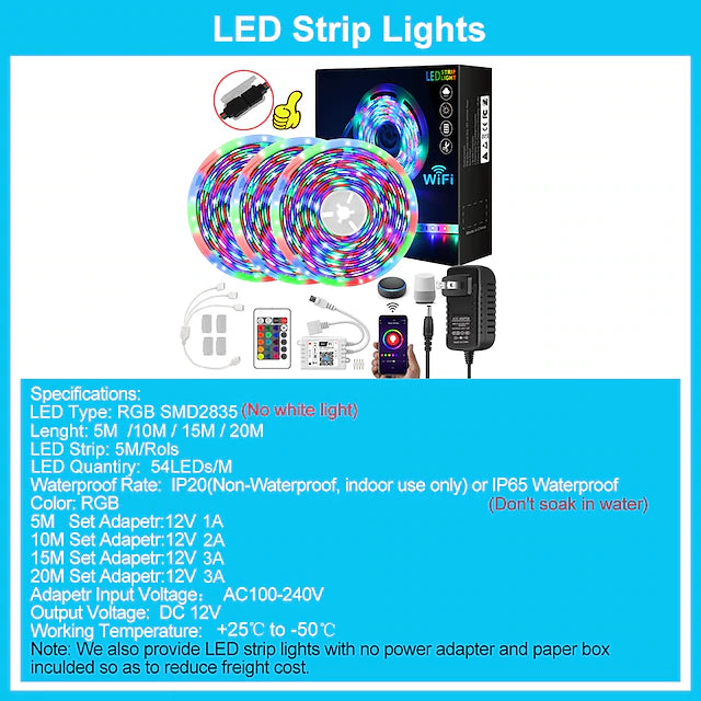 LED WIFI Smart Strip Light 5M 10M 15M 20M RGB APP Music Sync Waterproof