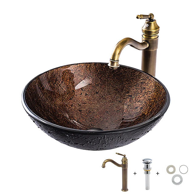 16.5 inch Bathroom Vessel Sink with Faucet Vintage Brass, Antique Tempered Glass Basin with Pop-Up Drain