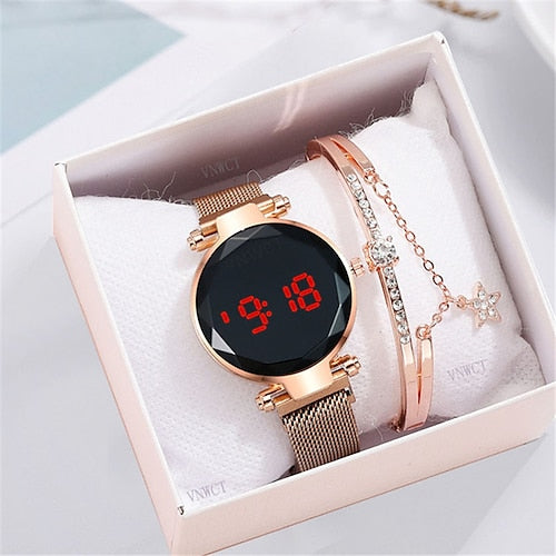 Luxury Magnet Digital Watches For Women Rose Gold LED Quartz Watch Bracelet Necklace set gift
