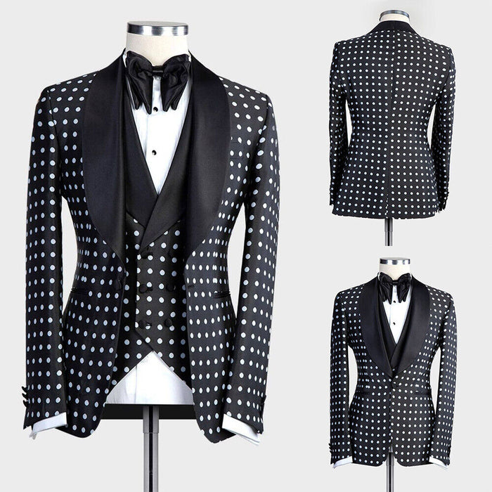 Polka Dot Pattern Black Men's Wedding Suits 3 Piece Dot Tailored Fit Single Breasted One-button 2023