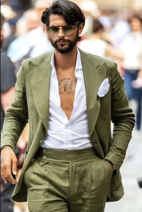 Men's Wedding Linen Suits 2 Piece Green Solid Colored Summer Suits Tailored Fit Single Breasted Two-buttons 2023