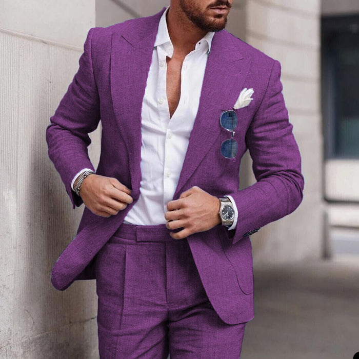 Men's Wedding Linen Suits 2 Piece Blue Solid Colored Summer Suits Tailored Fit Single Breasted One-button 2023