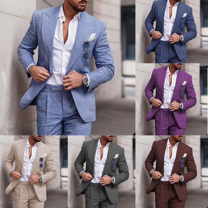 Men's Wedding Linen Suits 2 Piece Blue Solid Colored Summer Suits Tailored Fit Single Breasted One-button 2023