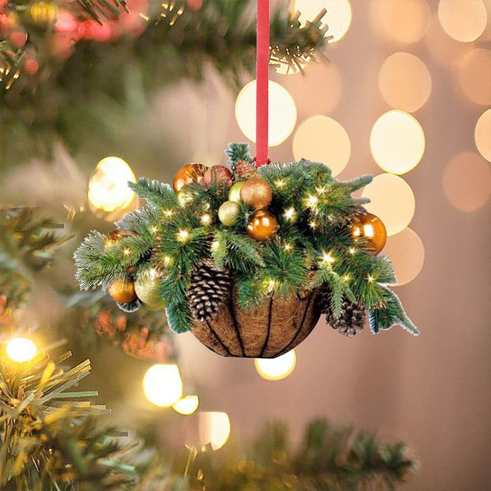 Christmas Basket Gift Hanging Pendant Ornaments Artificial Decoration Pre-lit Wood