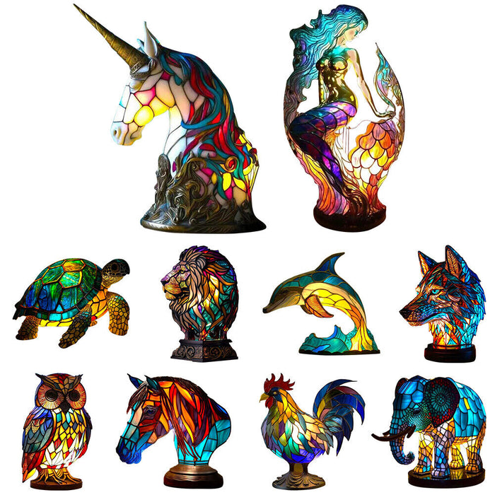 Animal Table Lamp Series Simulated Stained Glass Resin Lamp Wild Animal Sculpture Desktop Light 15cm/5.9inch