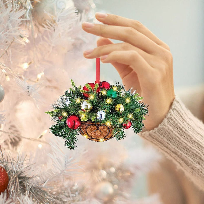 Christmas Basket Gift Hanging Pendant Ornaments Artificial Decoration Pre-lit Wood