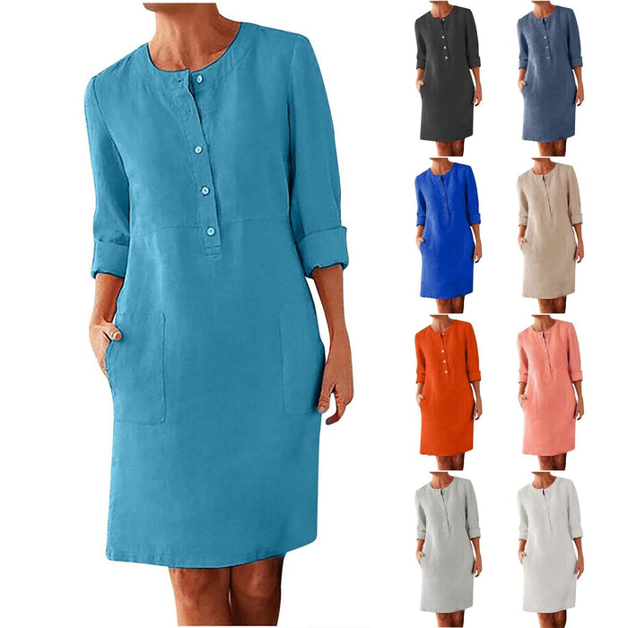 Women‘s Casual Dress Cotton Linen Dress Shift Dress Knee Length Dress