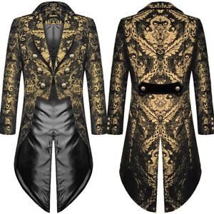 Men's Black Gold Vampire Gothic Long Suit Jacket Showman Tuxedo Tailcoat