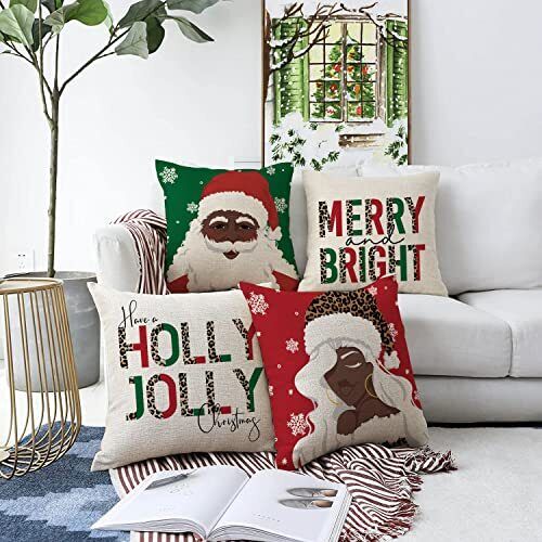 Christmas Santa Double Side 4PC Decorative Toss Pillows Xmas Throw Pillow Covers Soft Pillowcase for Bedroom