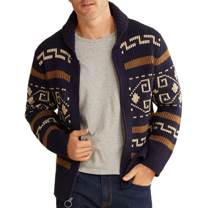 Geometry Retro Vintage Men's Zipper Knitting Print Cardigan Sweater Knitwear Cowichan cardigan sweater