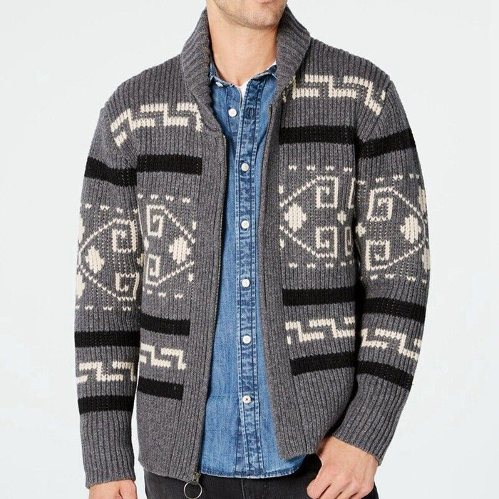 Geometry Retro Vintage Men's Zipper Knitting Print Cardigan Sweater Knitwear Cowichan cardigan sweater