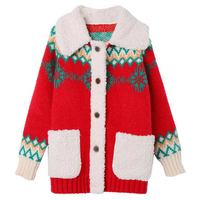 Women's Ugly Christmas Sweater Cardigan Sweater Shirt Collar Ribbed Knit Polyester Button Pocket