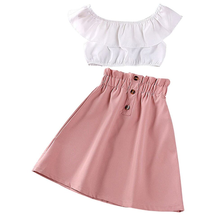 2 Pieces Kids Girls' Solid Color Skirt & Shirt Set Short Sleeve Active School Cotton 7-13 Years Summer White