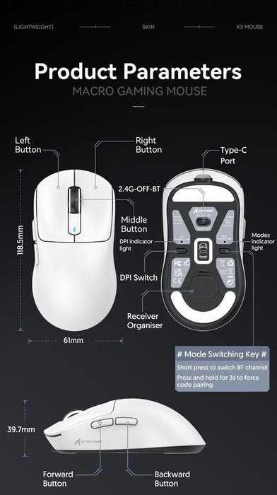 Attack Shark X3 Bluetooth Mouse 49g Lightweight PixArt PAW3395 Tri-Mode Connection 26000dpi 650IPS