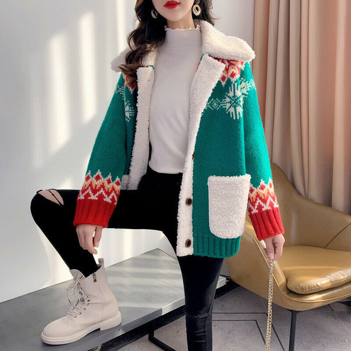 Women's Ugly Christmas Sweater Cardigan Sweater Shirt Collar Ribbed Knit Polyester Button Pocket