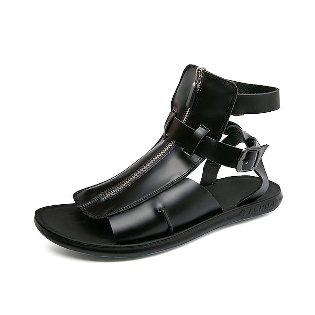 Men's Sandals Leather Sandals Casual Beach Daily PU Zipper Black White Summer