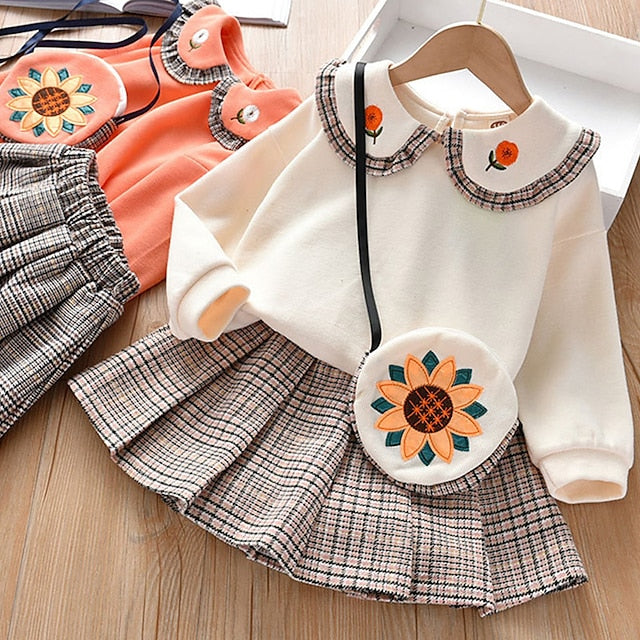 3 Pieces Kids Girls' Floral Embroidered Skirt & Hoodie Set Long Sleeve Fashion Outdoor 3-7 Years Spring White Orange